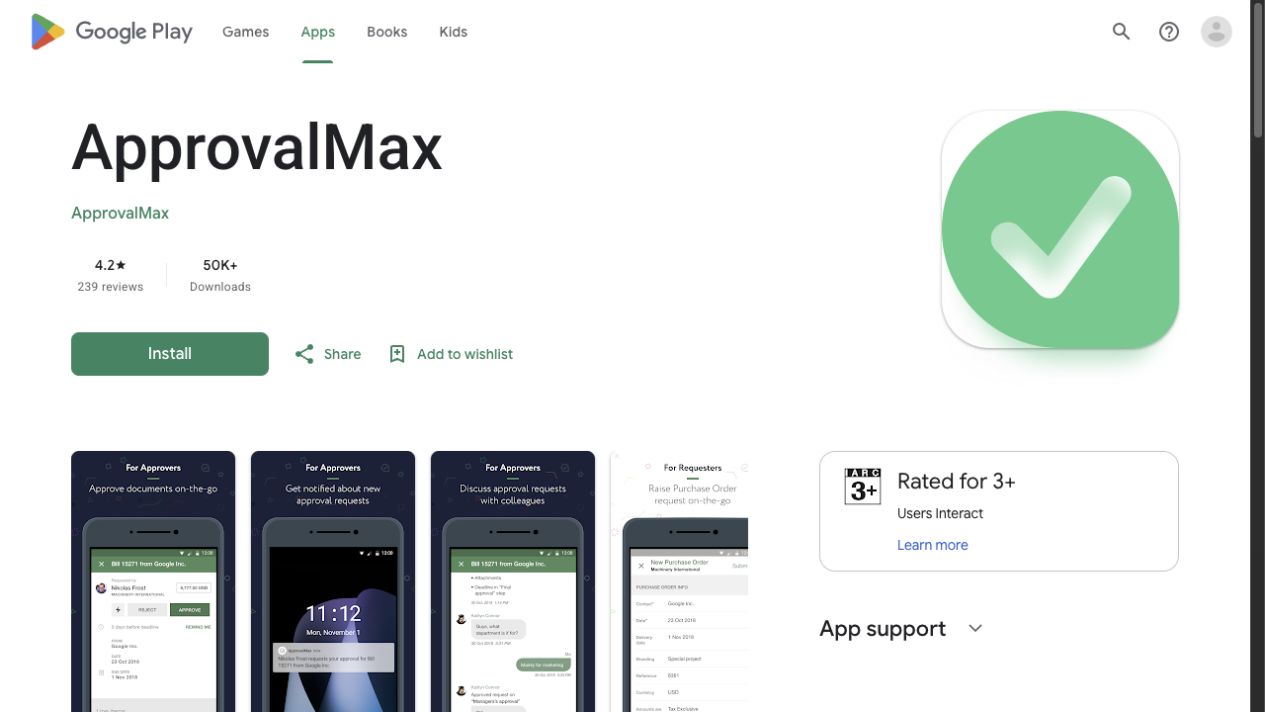 Official ApprovalMax Google Play listing with green tick app icon