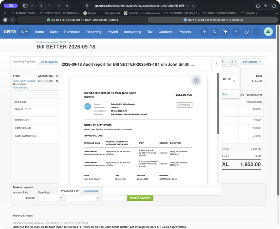 ApprovalMax audit PDF attached to the Xero bill, showing both separate approvals