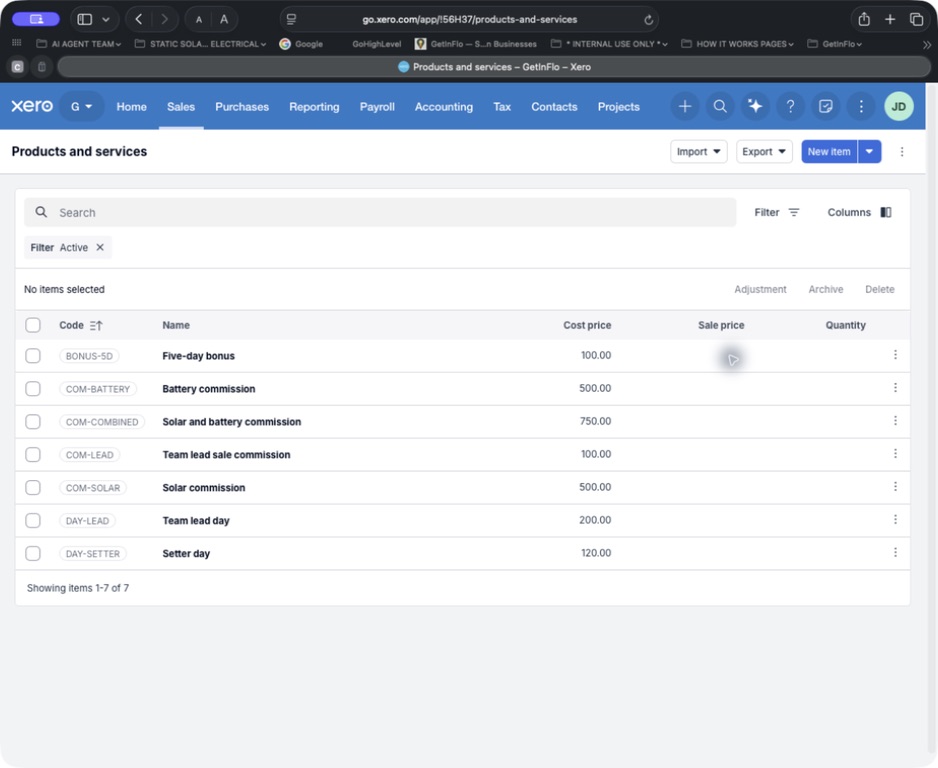 Xero Products and services with seven clean billing items and their cost prices