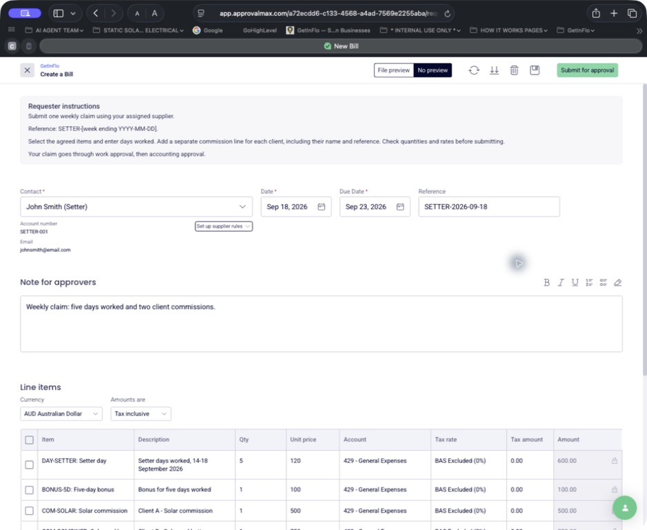 Clean weekly claim form with supplier, dates, reference and requester instructions