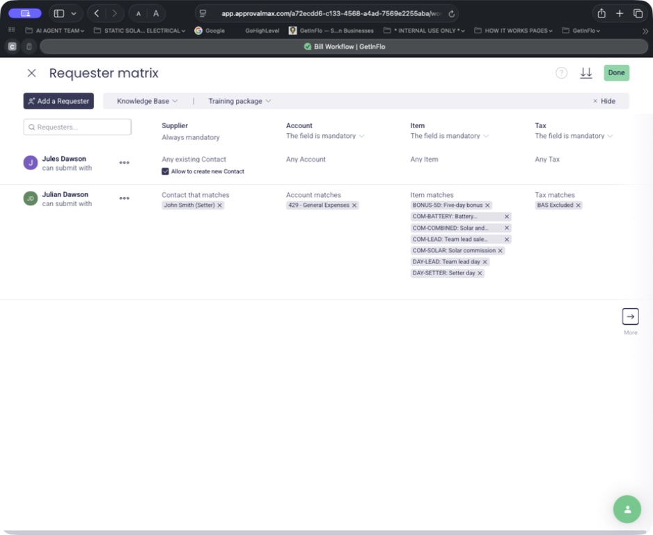 Requester matrix restricting Julian Dawson's example login to John Smith Setter, selected account, seven items and tax