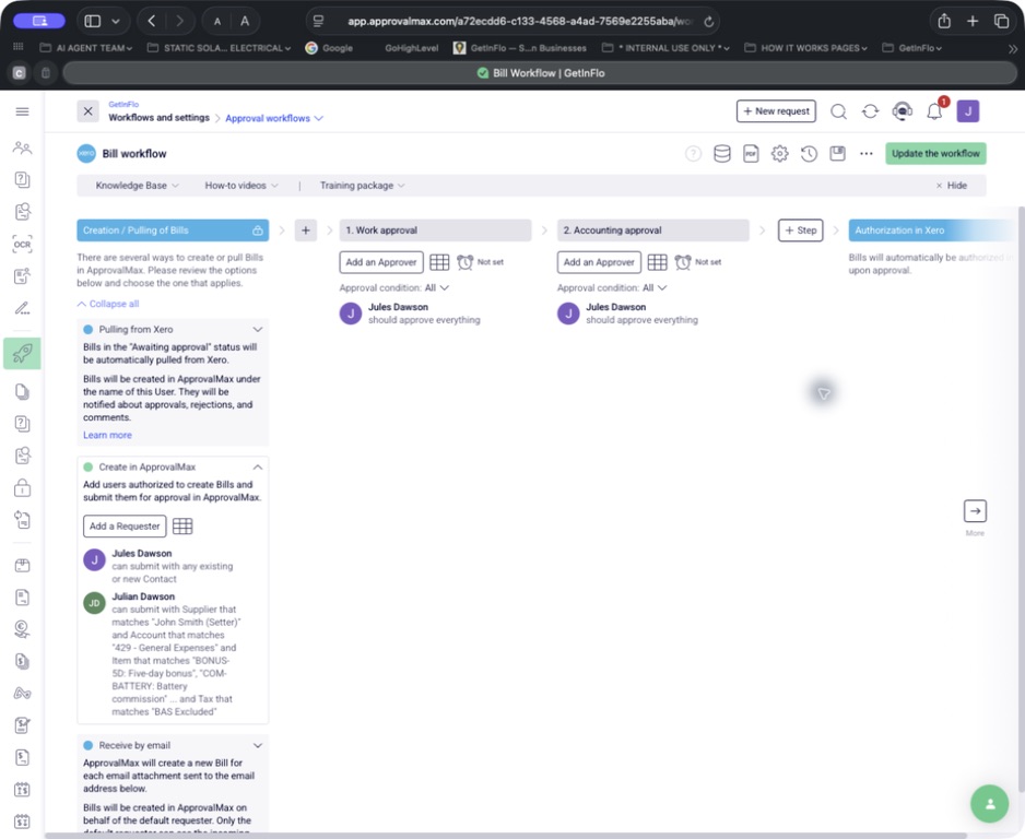 Bill workflow with creation, work approval, accounting approval and authorisation in Xero