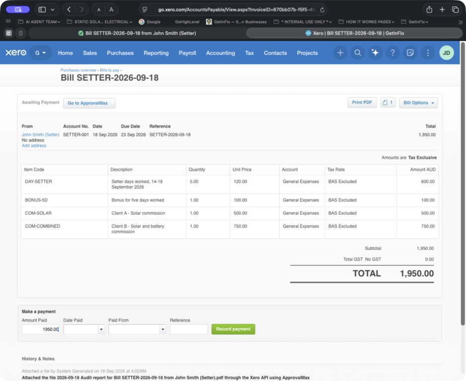Approved 1950 dollar claim in Xero with Awaiting Payment status and four clean line items